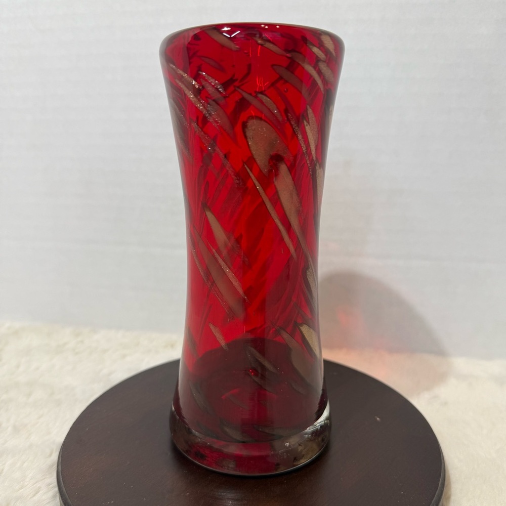 Murano-style blown glass red vase with copper-tone aventurine